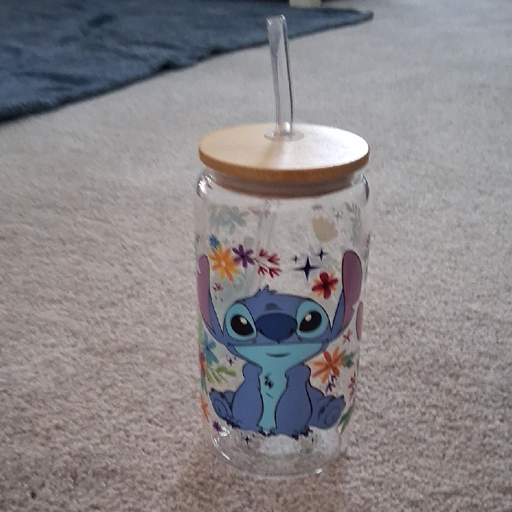 Stitch Floral Glass Tumbler with Straw